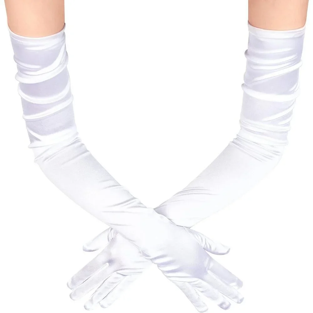 Women's Long Satin Gloves White Stretchy Upper Arm Length Costume Design